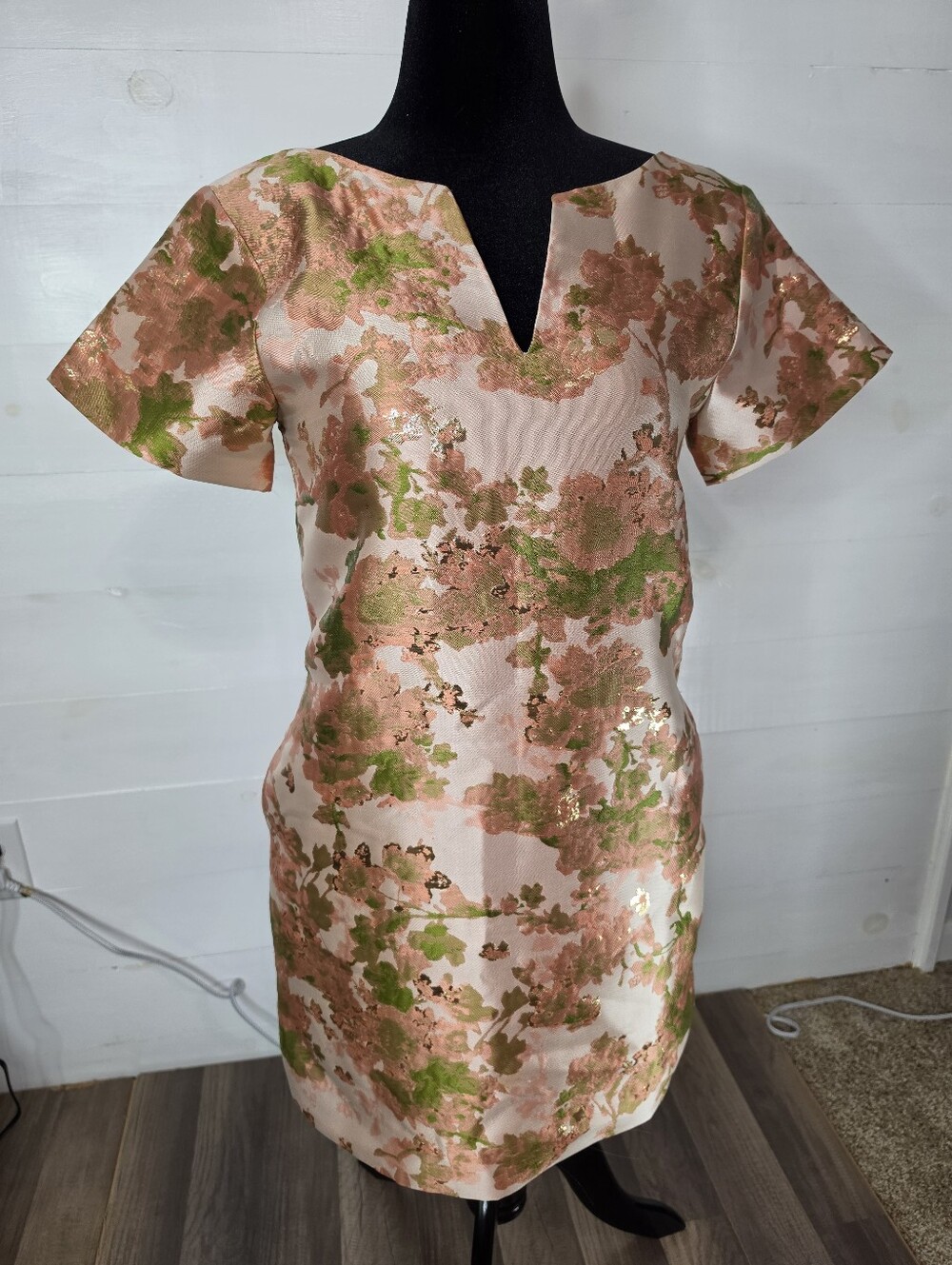 Abbey Glass Lulu Camellia Metallic Floral Jacquard Shift Dress Brocade Preppy S